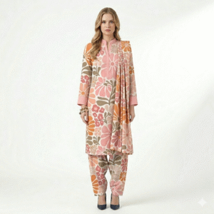 Floral Print Women’s Kurta Set with Straight Pants & Dupatta – Elegant Pink and Orange Design